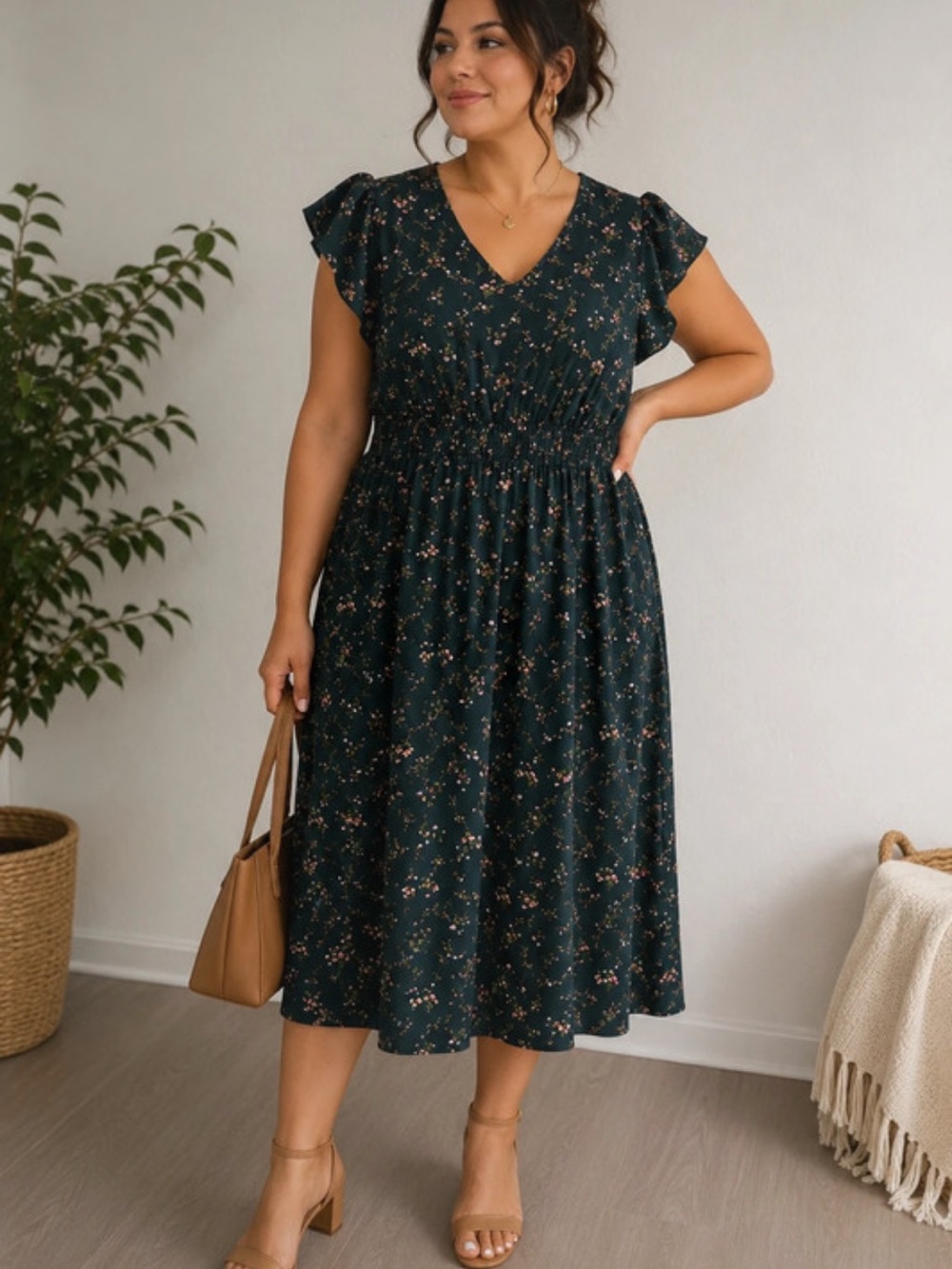 SHEIN Dark Green Floral V-Neck Shirred Waist Midi Dress